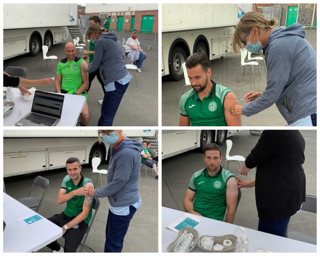 Hibernian FC players, Lewis Stevenson, Darren McGregor, and Jamie Murphy at Easter Road Stadium