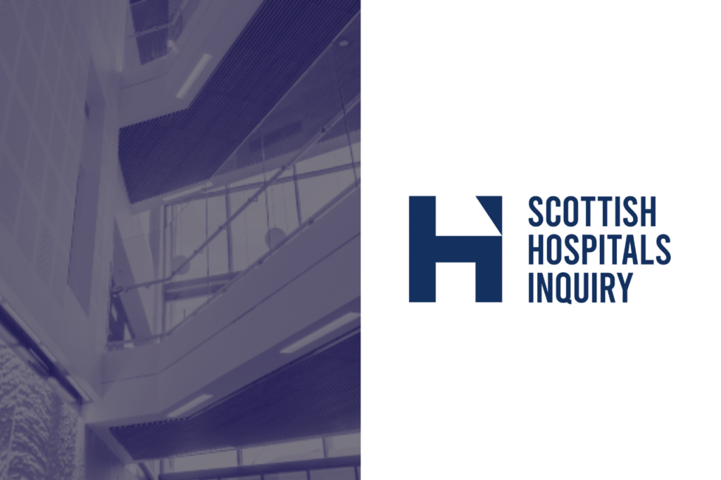 Scottish Hospitals Inquiry logo alongside a photo of the Royal Hospital for Children and Young People and Department of Clinical Neurosciences